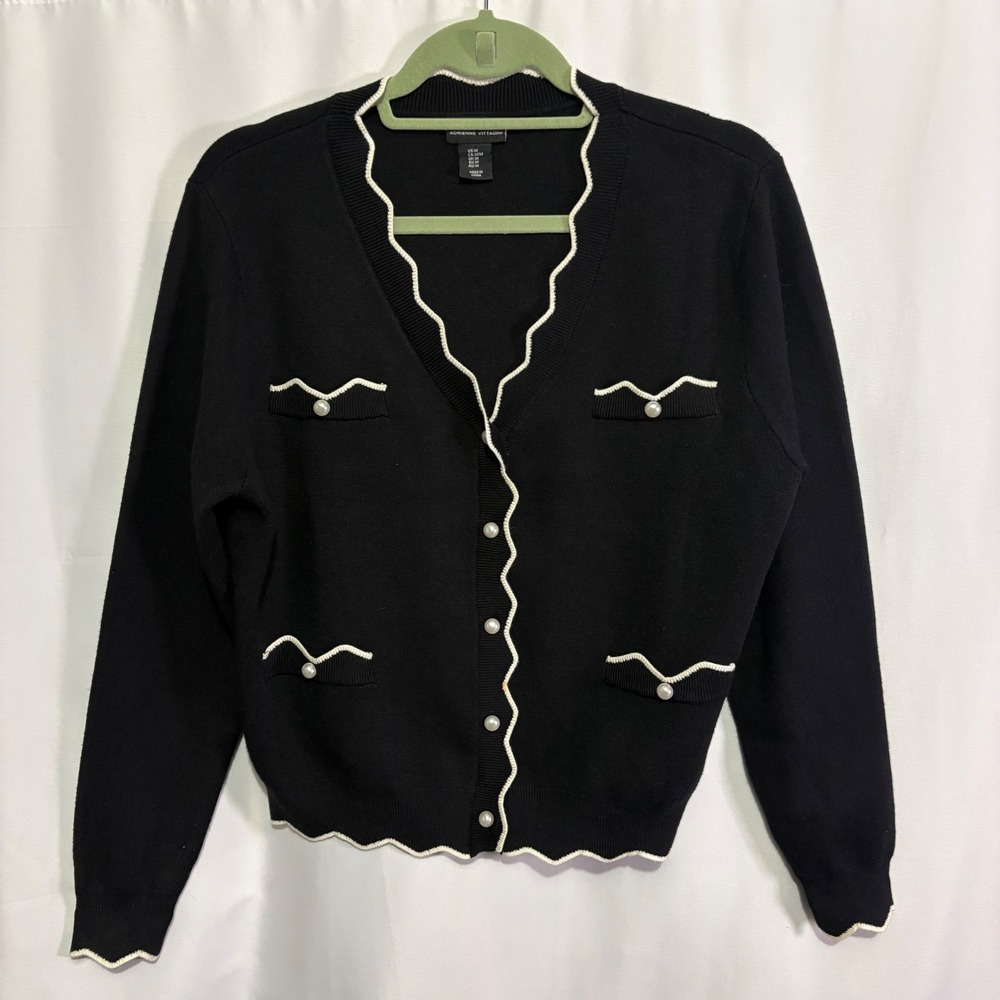 Adrienne Vittadini Black Cardigan White Wavy Trim Pearl Button Medium Old Money
